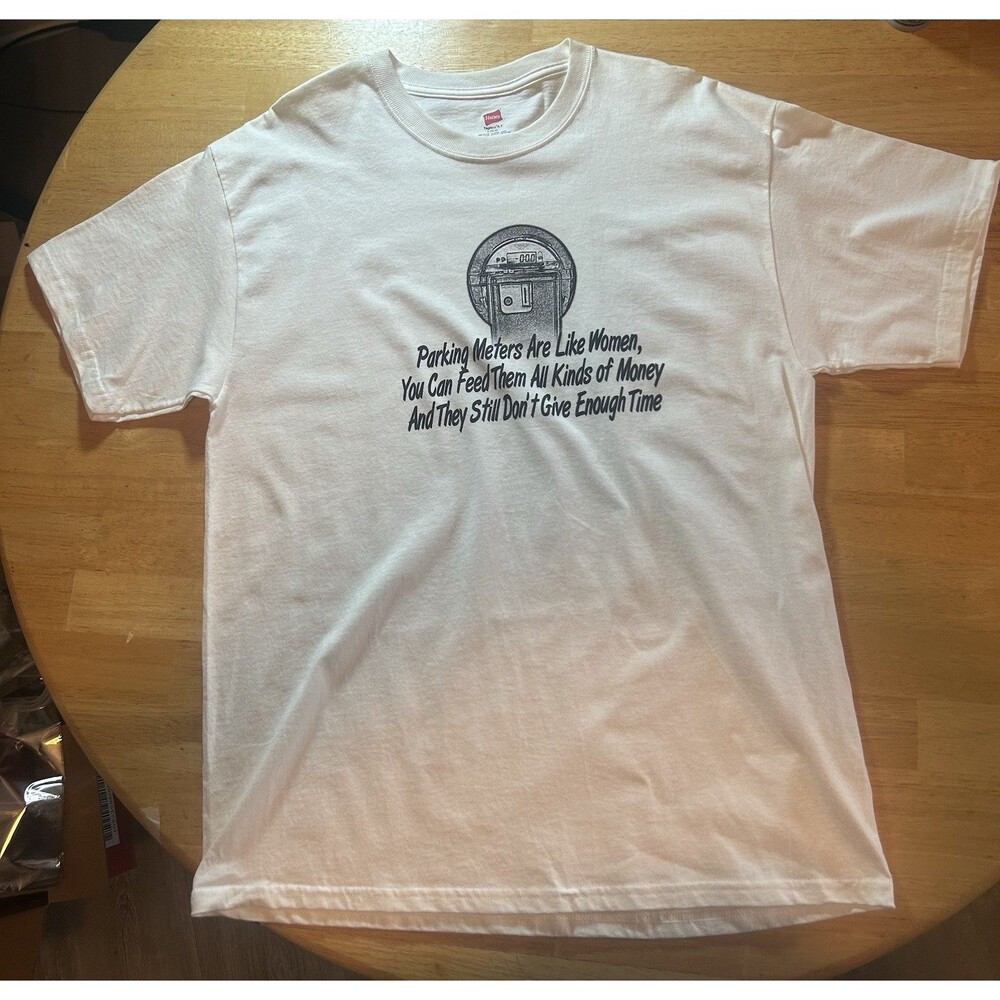 Hanes Sz L Funny Parking Meter Graphic T Shirt White 100% Cotton Humor T-shirt - Picture 8 of 9